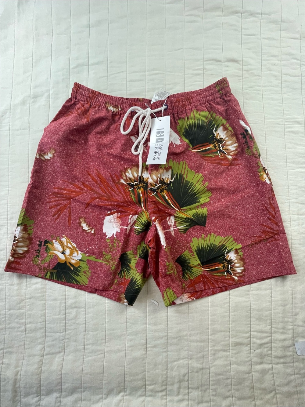 Balcony & Falcon Floral Print Men’s Red Unlined Beach Shorts XL